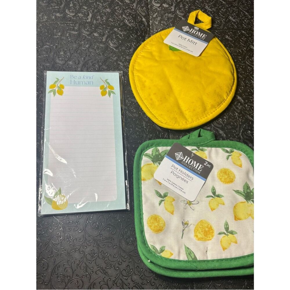 New Home Collection Yellow Lemon Pot Holders & Pot Mitt Set & Notepad 4 pc Set